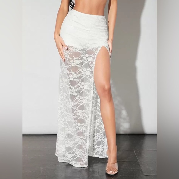 SHEIN Dresses & Skirts - SHEIN- White Lace Maxi Skirt with High Slit